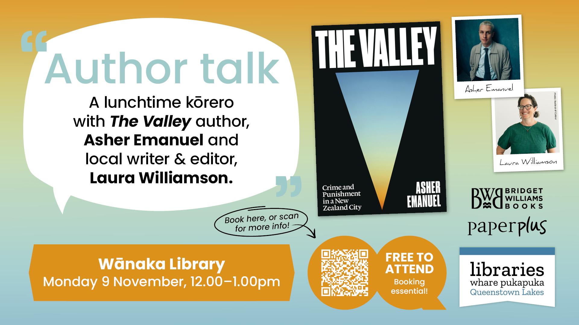 QLDC Libraries Author Talk Asher Emanuel Laura Williamson TV graphic Oct26 1